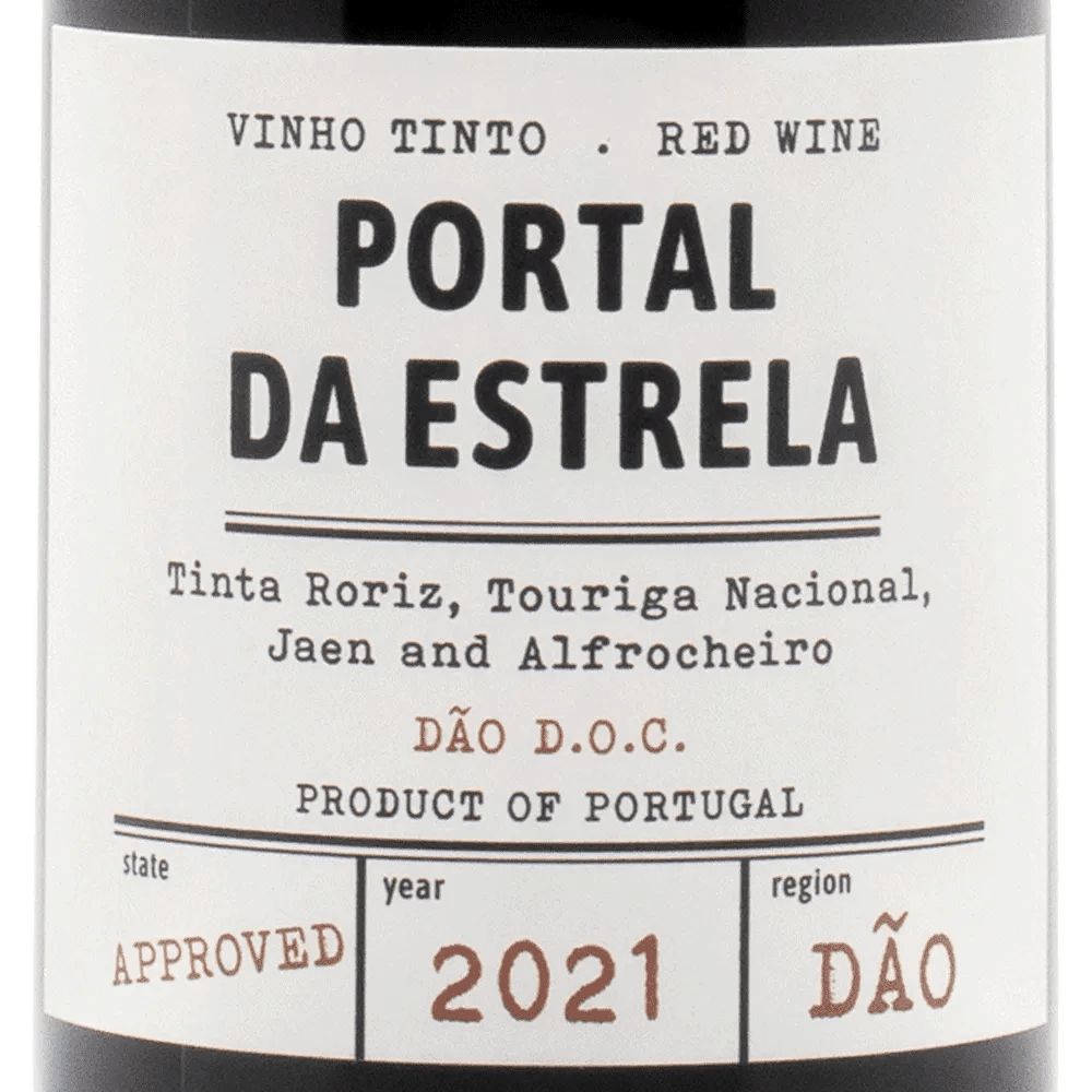 Wine label for 'Portal da Estrela' red wine with details on grape varieties and production year.
