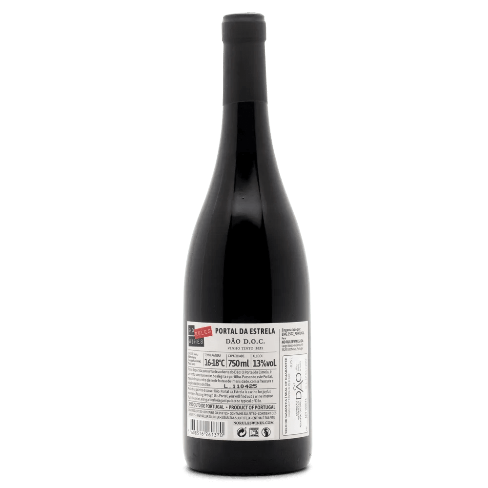 Wine bottle Portal da Estrela Red with a back label on a white background