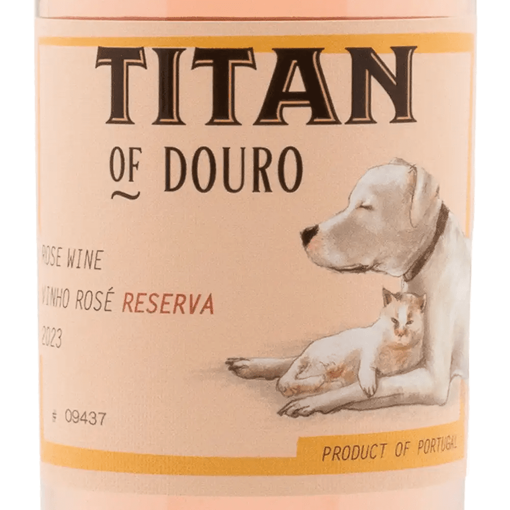 Wine label for 'Titan of Douro' with a dog and cat illustration on a beige background