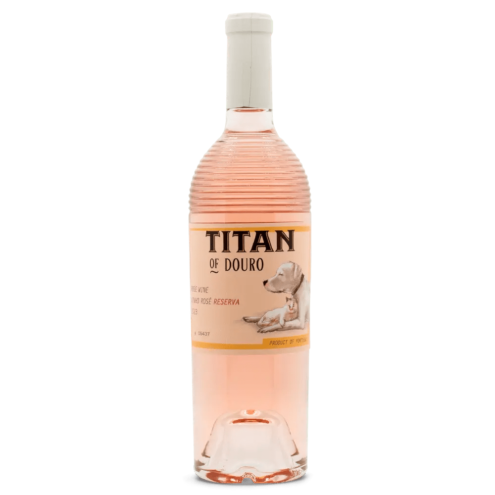 Bottle of Titan of Douro Rosé wine on a white background