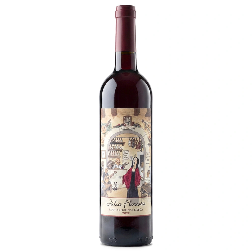 A bottle of Julia Florista red wine, featuring a detailed vintage-style label with an illustration of a woman in a red dress and a shop interior, set against a plain white background.