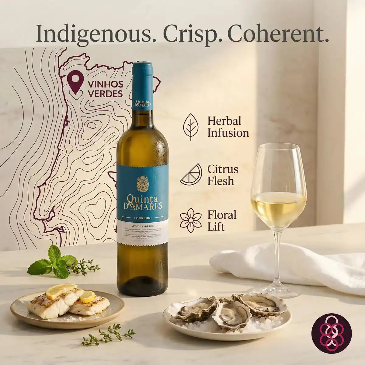 Bottle of Quinta d'Amare wine with a glass of wine and food on a table, set against a backdrop with 'Vinhos Verdes' branding.