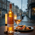 Bottle of Quinta d'Amares rose wine with a glass and sushi on a rainy street background