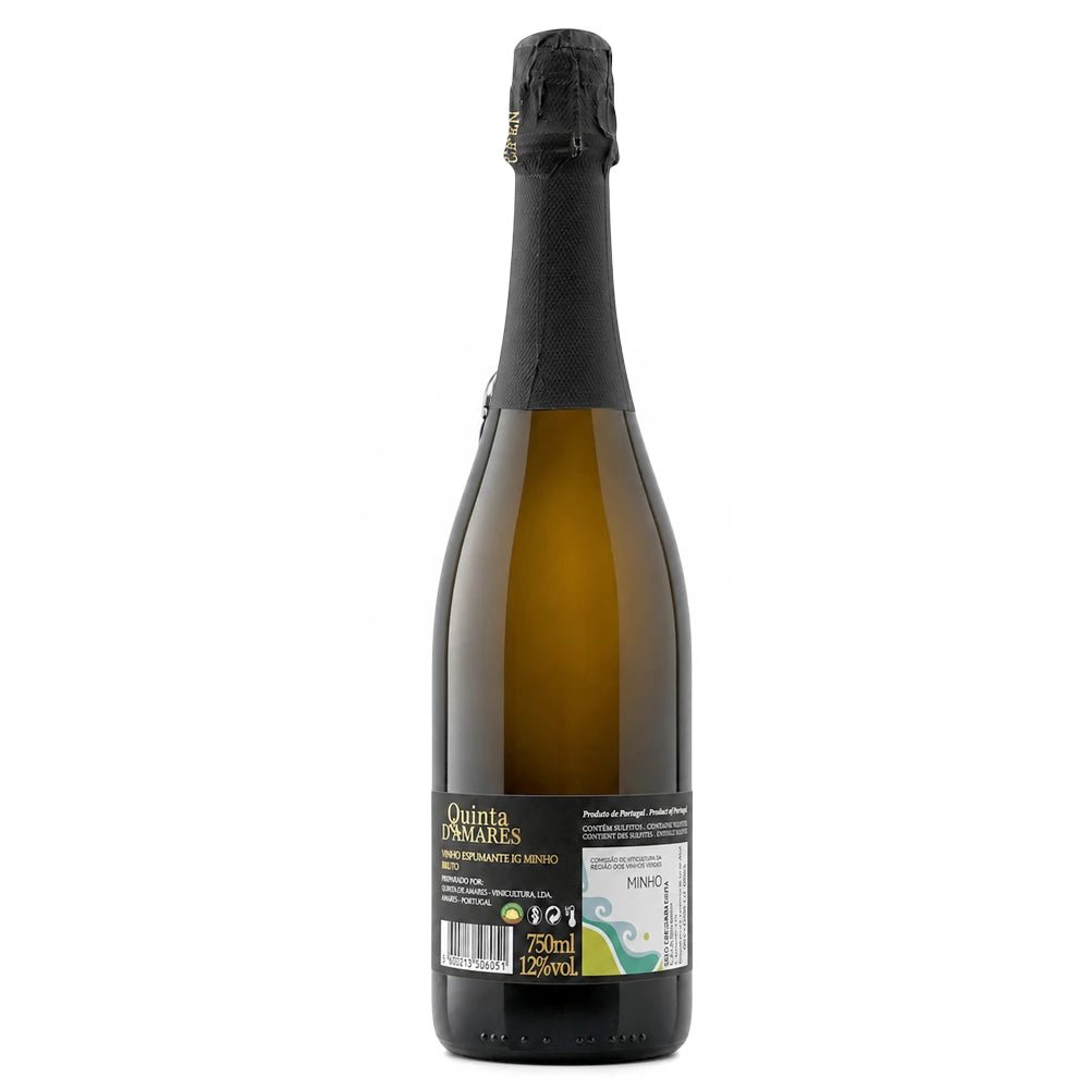 A bottle of Quinta d'Amares Sparkling Wine, featuring an olive-green glass bottle with a black foil top and a black label with green and white text.