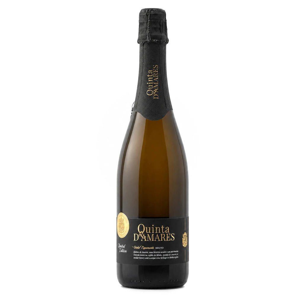 A bottle of Quinta D'Amares Sparkling Wine, featuring an amber glass bottle with a black foil capsule and black label accented with gold lettering and a crest.