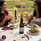Two women enjoying a meal with wine in a vineyard setting