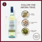 Bottle of Arca Nova white wine with food pairing suggestions on a white background