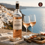 A bottle of Arca Nova Vinho Verde white wine stands on a stone surface beside two filled wine glasses, a cork, a corkscrew, and a small board with olives and tomatoes, with a coastal hillside and sea in the background.