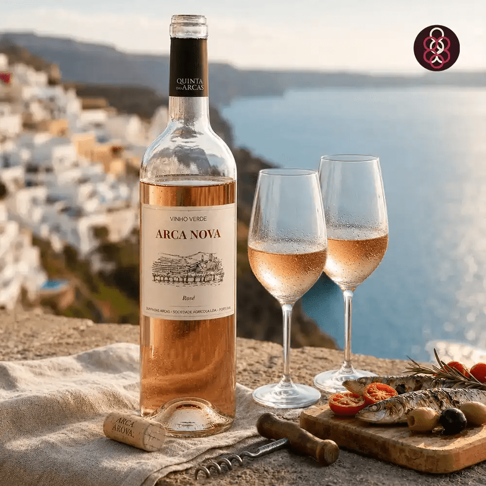 A bottle of Arca Nova Vinho Verde white wine stands on a stone surface beside two filled wine glasses, a cork, a corkscrew, and a small board with olives and tomatoes, with a coastal hillside and sea in the background.