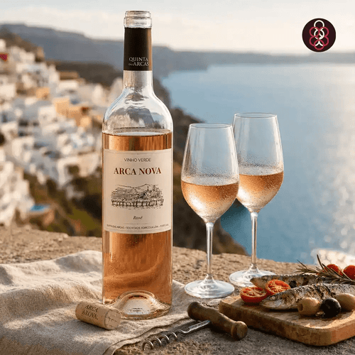 A bottle of Arca Nova Vinho Verde white wine stands on a stone surface beside two filled wine glasses, a cork, a corkscrew, and a small board with olives and tomatoes, with a coastal hillside and sea in the background.
