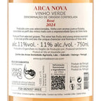 Close-up of a wine bottle label reading ARCA NOVA VINHO VERDE Rosé 2024, with Portuguese and English text, a QR code, and product details on a beige bottle background.