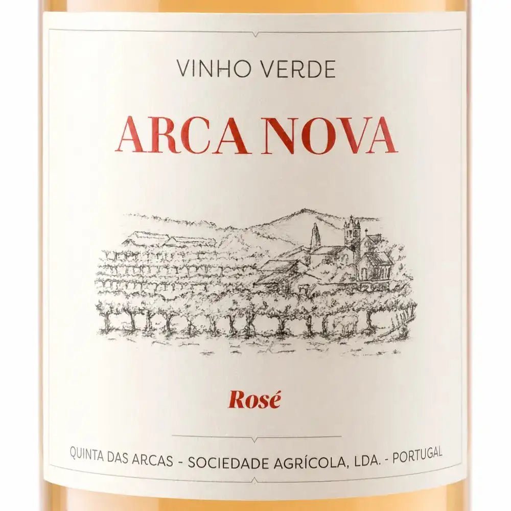 Close-up of a wine bottle label reading 'VINHO VERDE ARCA NOVA Rosé' with a black line drawing of a vineyard and buildings on an off-white background.