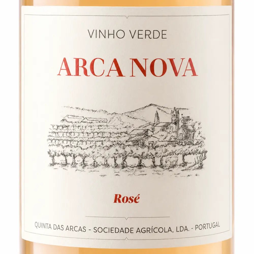 Close-up of a wine bottle label reading 'VINHO VERDE ARCA NOVA Rosé' with a black line drawing of a vineyard and buildings on an off-white background.