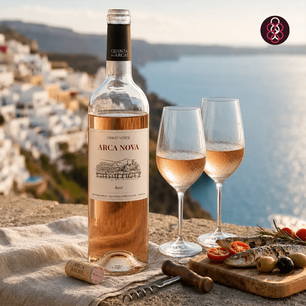 A bottle of Arca Nova Vinho Verde rosé wine stands on a stone surface beside two filled wine glasses, a cork, a corkscrew, and a small food board with olives, tomatoes, and fish, set against a blurred coastal hillside and sea background. The Arca Nova logo appears in the top-right corner.