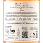 Close-up of a wine bottle label reading ARCA NOVA VINHO VERDE Rosé 2024, with Portuguese and English text, a QR code, and product details on a beige bottle background.