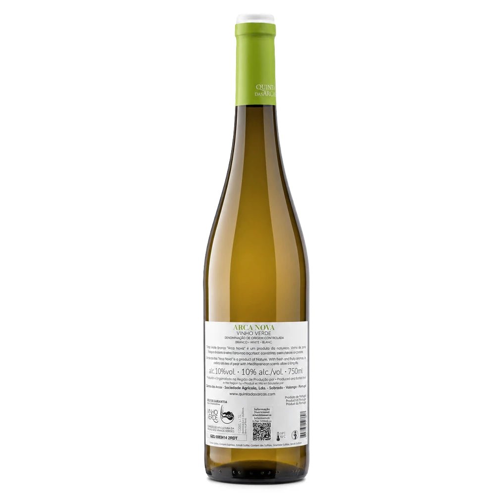 A bottle of Arca Nova white wine shown from the back, featuring a white paper label and a light green foil capsule on a solid white background.