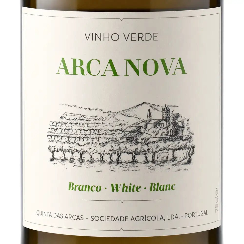 Front view of a wine bottle with a white label reading 'VINHO VERDE ARCA NOVA' and 'Branco • White • Blanc', plus a black line drawing of a vineyard and landscape. The bottle edges are dark green/brown glass visible at the top and bottom.