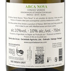 The back of a white wine bottle label for Arca Nova Vinho Verde, showing Portuguese and English text, ingredients, nutritional info, a QR code, and a barcode.