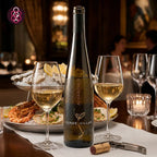 A bottle of Conde de Villas Alvarinho white wine stands on a dining table with two filled wine glasses, a plate of oysters and shrimp, and a corkscrew in a softly lit restaurant setting.