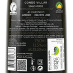 Close-up of a Conde Vilar Alvarinho wine bottle label, showing a dark olive-green glass body with a black and gold label featuring gold typography and a gold dotted graphic on a white background.