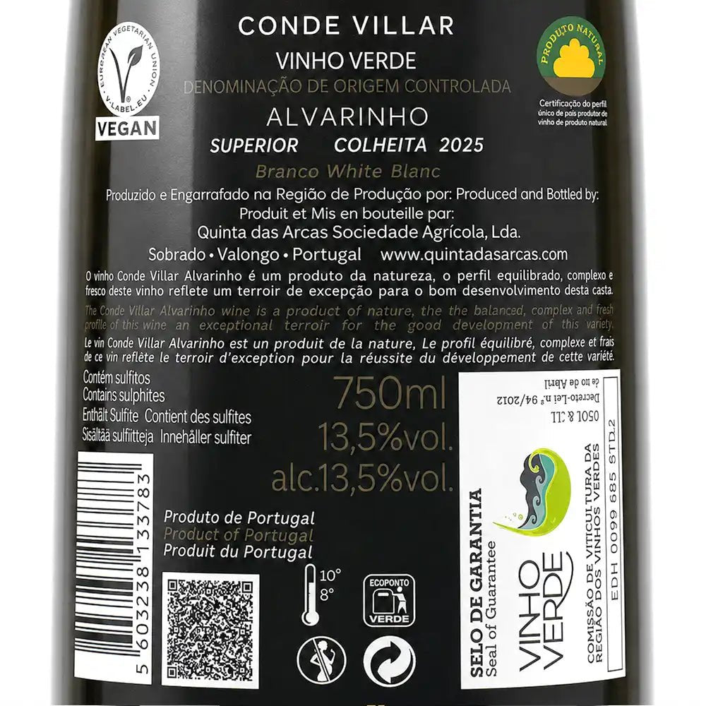 Close-up of a Conde Vilar Alvarinho wine bottle label, showing a dark olive-green glass body with a black and gold label featuring gold typography and a gold dotted graphic on a white background.