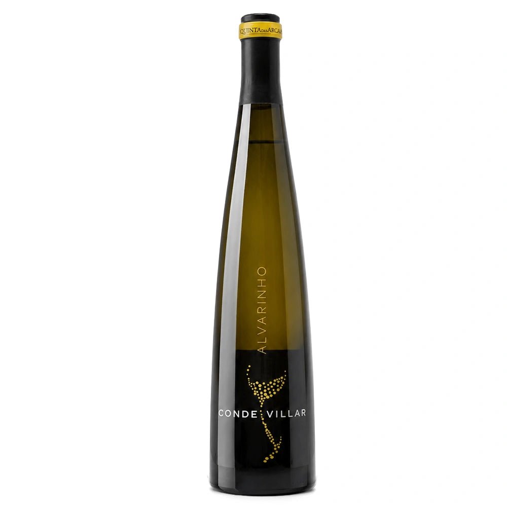 A tall, slender bottle of Conde Vilar Alvarinho white wine, featuring a dark olive-green glass body, a black neck sleeve with a gold foil top, and a black base with gold text and a gold dotted graphic, set against a plain white background.