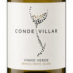 Close-up of a Conde Vilar Vinho Verde white wine bottle label, showing the brand name in black text, a dotted bird-like logo with black and gold dots, and the text 'VINHO VERDE BRANCO | WHITE | BLANC' on a white label.
