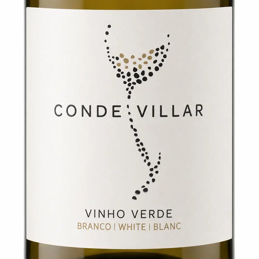 Close-up of a Conde Vilar Vinho Verde white wine bottle label, showing the brand name in black text, a dotted bird-like logo with black and gold dots, and the text 'VINHO VERDE BRANCO | WHITE | BLANC' on a white label.