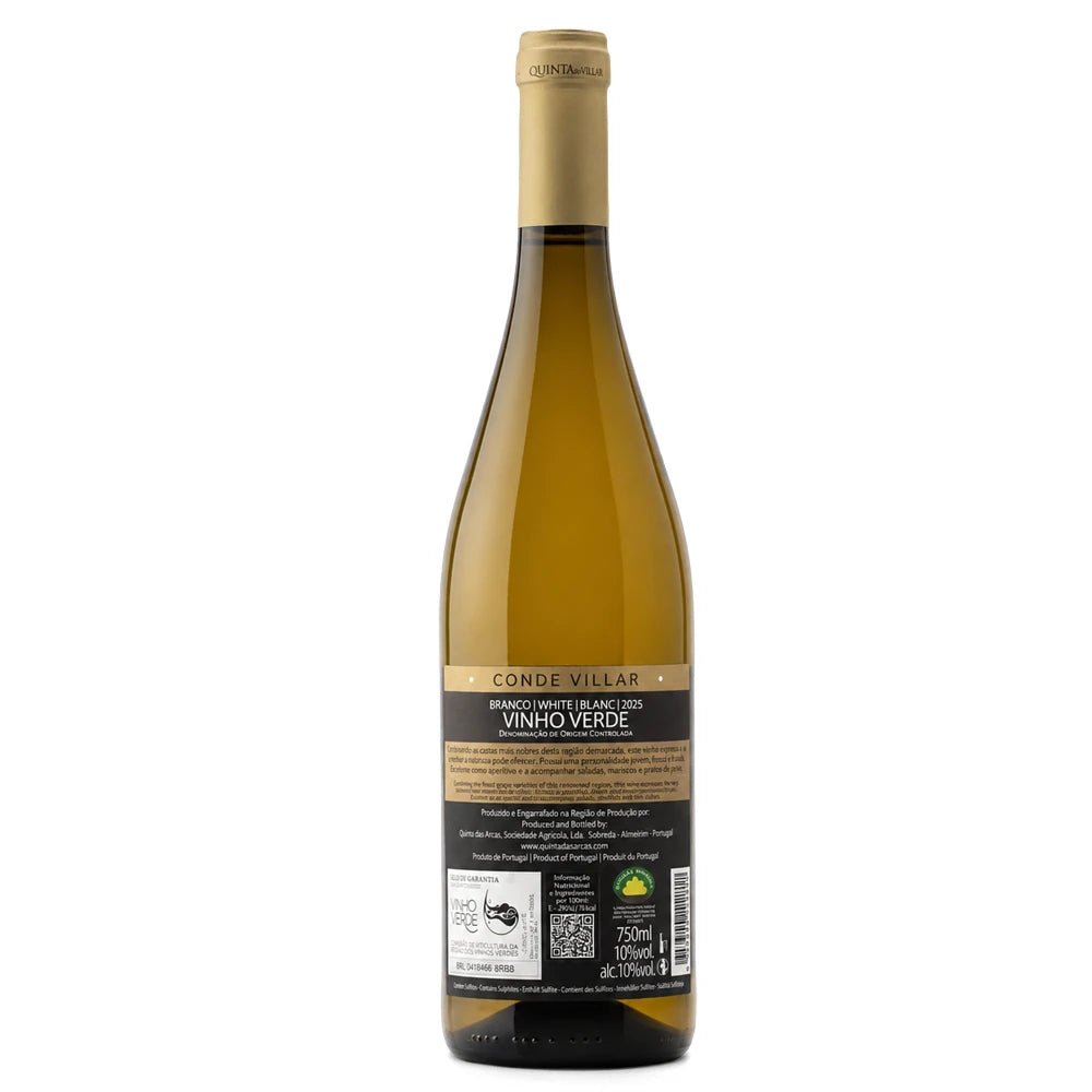 A bottle of Conde Villar Vinho Verde white wine, showing the golden-amber glass and a black label with gold and white text, on a plain white background.