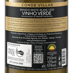 Close-up of the back label of Conde Vilar Vinho Verde Branco / White 2025 wine, showing product details, ingredients, barcode, and certification logos on a dark label with a tan band.