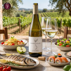 A bottle of Conde Villar white wine stands on a wooden table outdoors in a vineyard setting, surrounded by dining props including two filled wine glasses, pasta, salad, fish, sushi, and an apple.