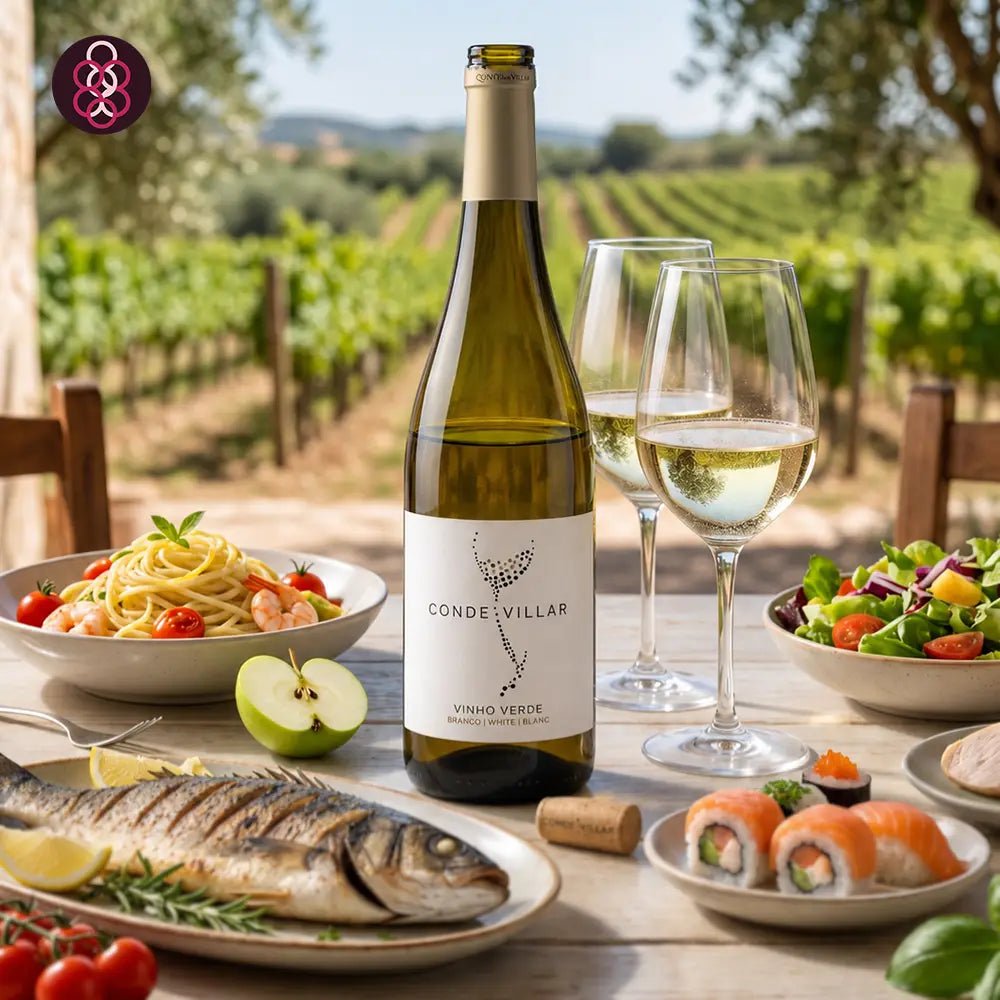 A bottle of Conde Villar white wine stands on a wooden table outdoors in a vineyard setting, surrounded by dining props including two filled wine glasses, pasta, salad, fish, sushi, and an apple.