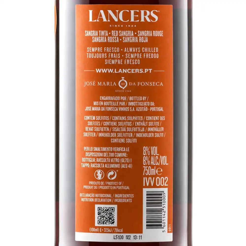 The back of a Lancers brand bottle, showing orange and white labeling with product details, ingredients, barcode, and QR code.