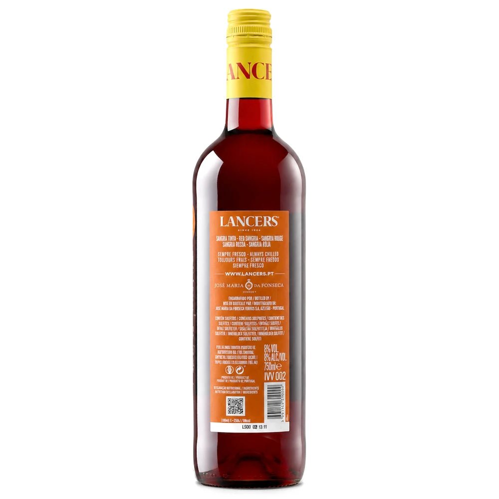 A bottle of Lancers Sangria shown from the back, featuring a yellow neck label with red lettering and a large orange back label with white text, set against a plain white background.