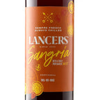 A bottle of Lancers Sangria wine with a terracotta orange label featuring yellow citrus graphics and white and yellow text, shown against a plain white background.