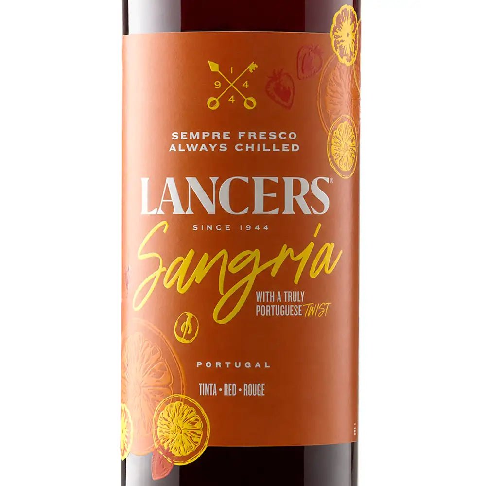 A bottle of Lancers Sangria wine with a terracotta orange label featuring yellow citrus graphics and white and yellow text, shown against a plain white background.