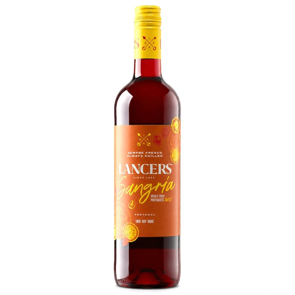 A bottle of Lancers Sangria wine with a vibrant orange label and yellow cap, set against a plain white background.