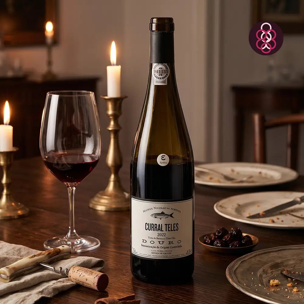A bottle of Curra Teles white wine with a cork and wine glass on a rustic wooden dining table, surrounded by lit candles, plates, and a corkscrew in a warm, cozy setting.