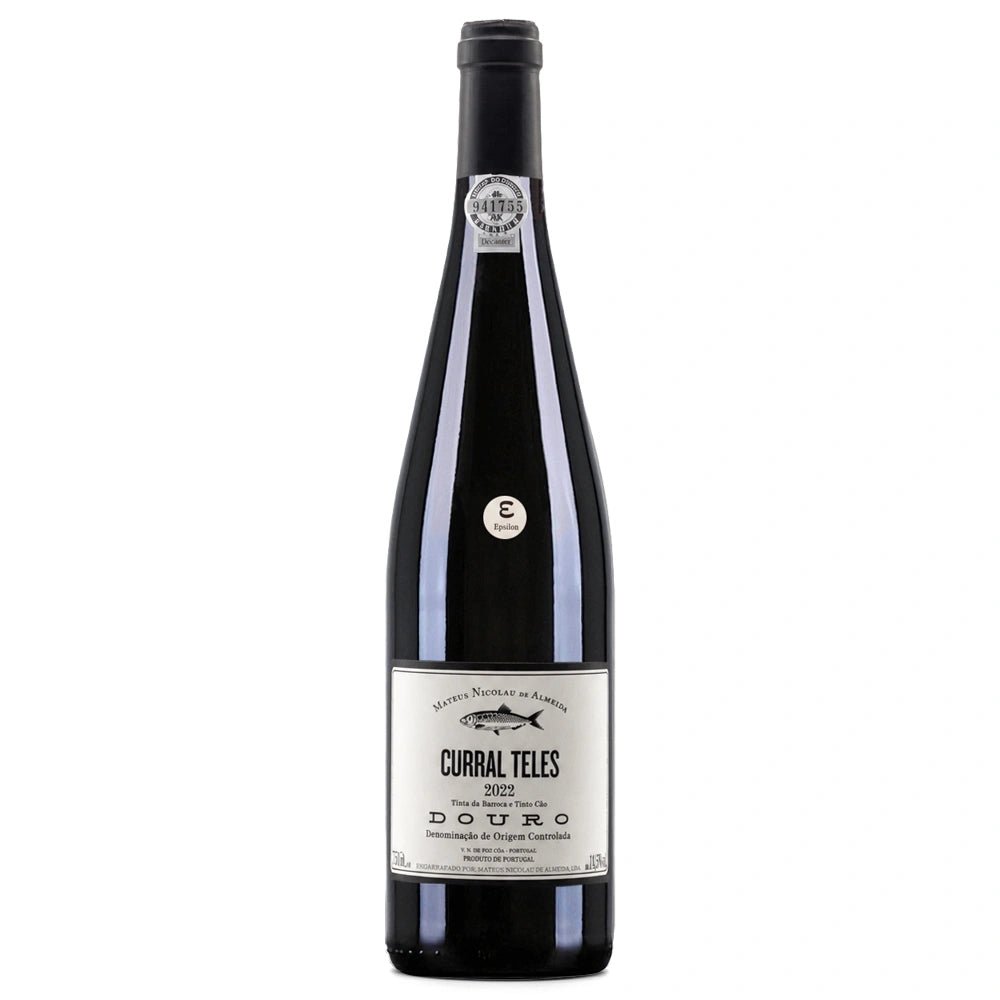 A bottle of Douro Curra Teles white wine, featuring a dark glass bottle with a black capsule and a white label, set against a plain white background.