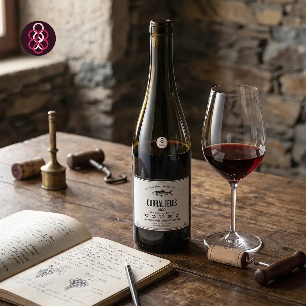 A bottle of Curral Teles Douro red wine stands on a rustic wooden table next to a glass of red wine, with corks, a corkscrew, and an open notebook in a stone-walled setting.