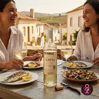 A bottle of Canto Décimo white wine is set on a rustic wooden table between two smiling women holding wine glasses, with plates of grilled fish and salad in the foreground and a vineyard landscape in the background.