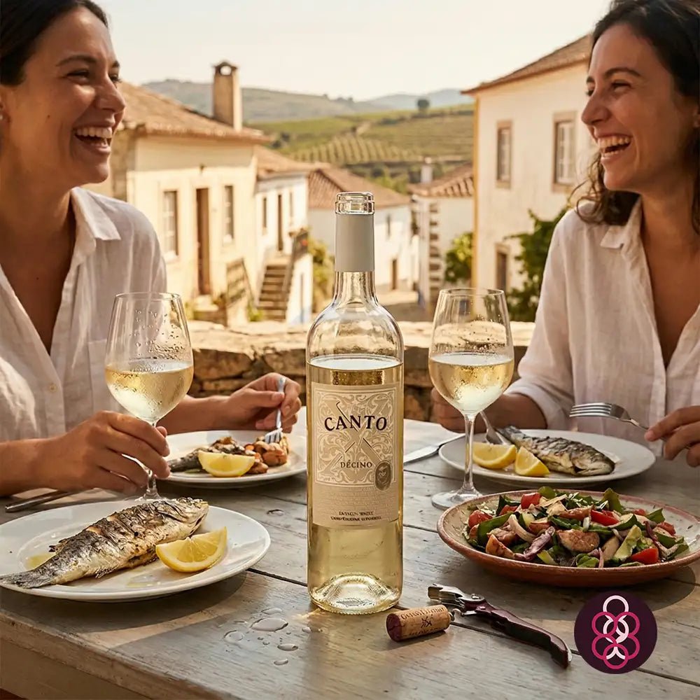 A bottle of Canto Décimo white wine is set on a rustic wooden table between two smiling women holding wine glasses, with plates of grilled fish and salad in the foreground and a vineyard landscape in the background.