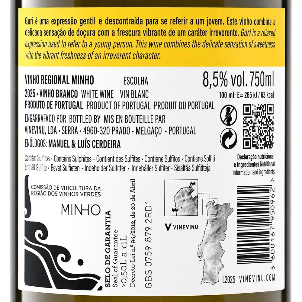 The back of a Vimeinu wine bottle label in Portuguese, showing product details for a 2025 Vinho Branco (White Wine) with 8.5% alcohol by volume.