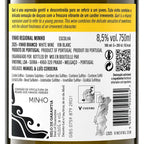 The back of a Vimeinu wine bottle label in Portuguese, showing product details for a 2025 Vinho Branco (White Wine) with 8.5% alcohol by volume.