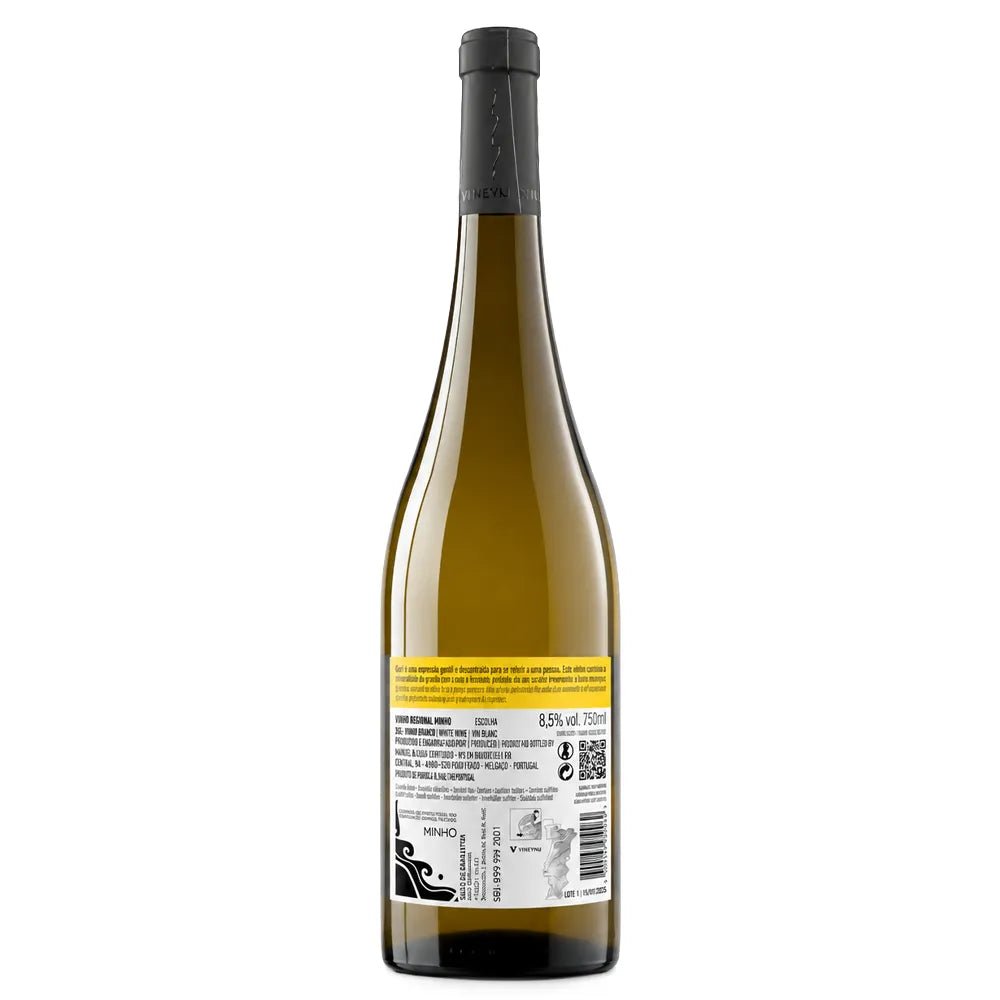 A 750ml glass bottle of white wine shown from the back, featuring a dark gray screw cap, a yellow and white label with text and a barcode, and a black base.