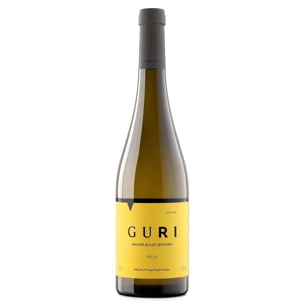 A bottle of Guri White Wine from Portugal, featuring a bright yellow label and a dark gray screw cap, set against a plain white background.