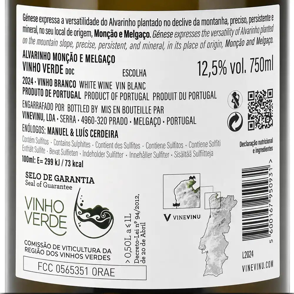 The back of a white wine bottle label in Portuguese, showing product details, ingredients, a QR code, and a barcode. The brand Vinhino Branco is visible.