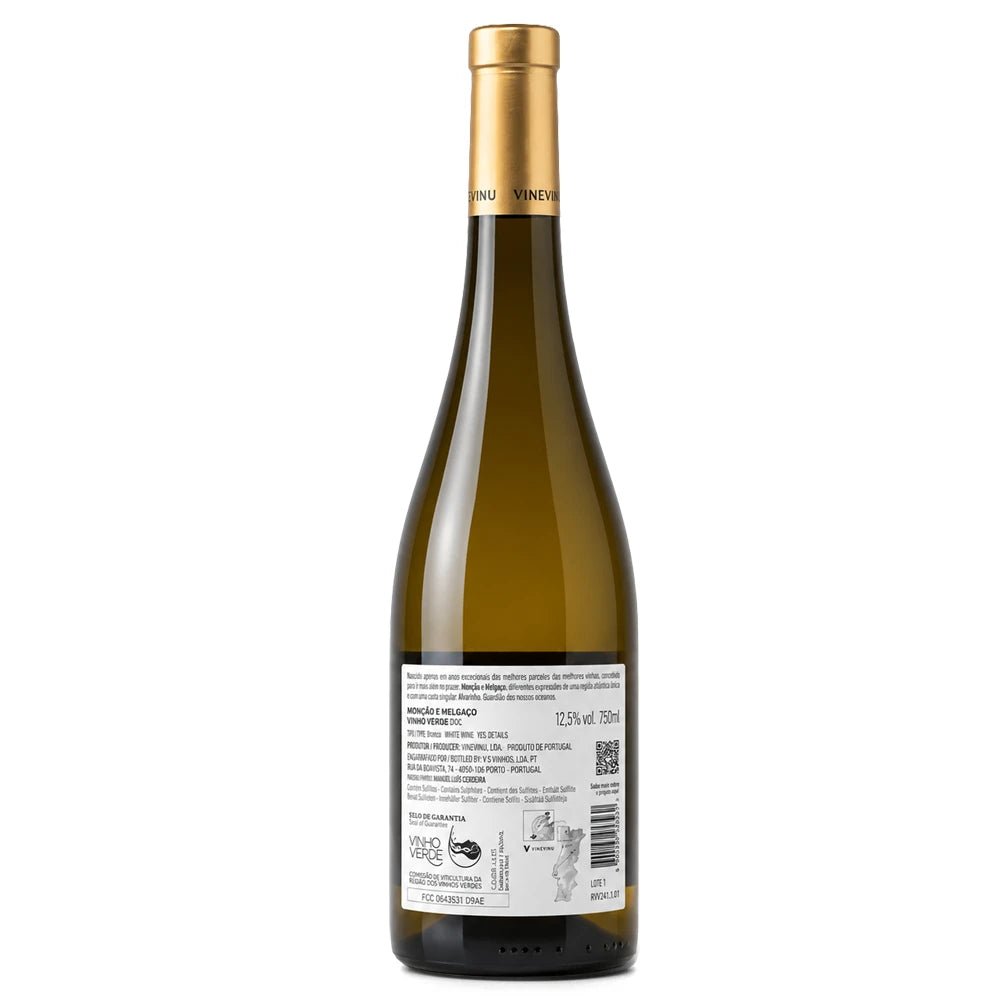 A bottle of white wine with a gold foil capsule and a white back label, photographed against a plain white background.