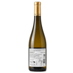 A bottle of white wine with a gold foil capsule and a white back label, photographed against a plain white background.