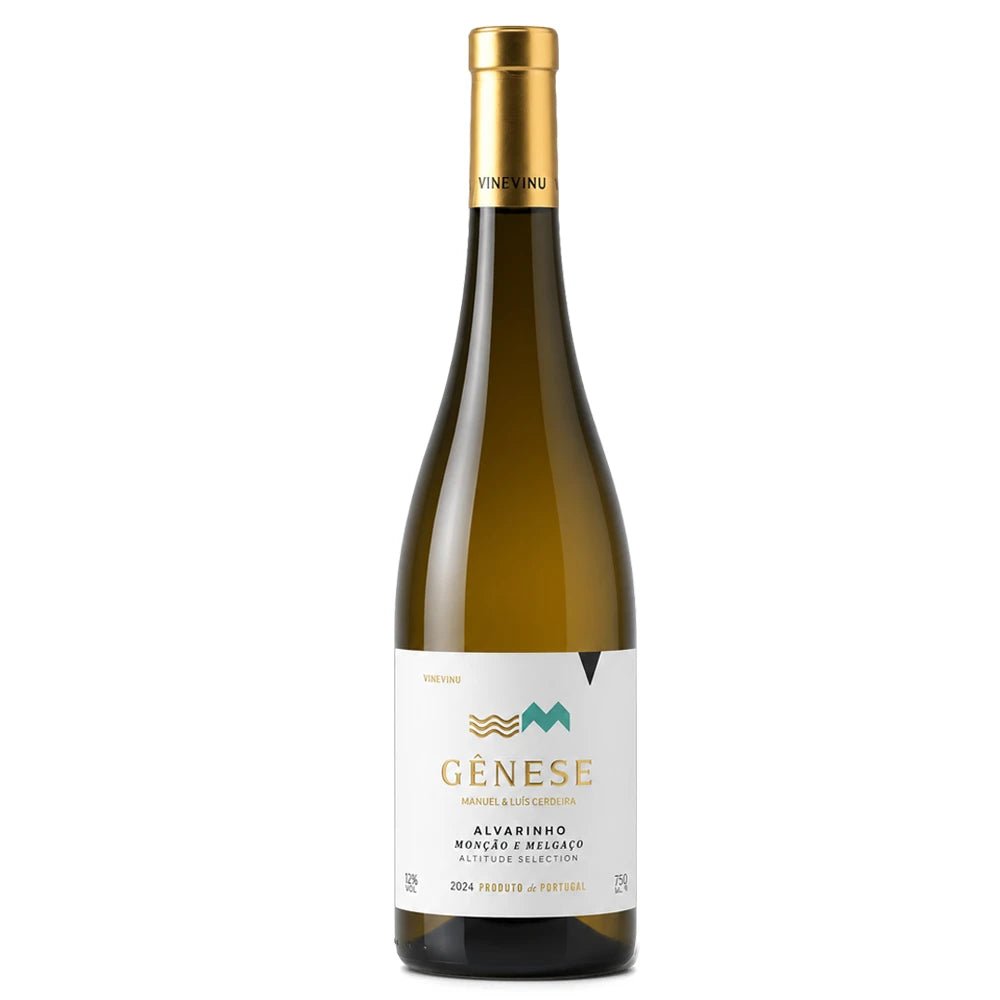 A bottle of Gènese Alvarinho featuring a dark green glass bottle with a gold foil capsule and a white label with gold and green accents.